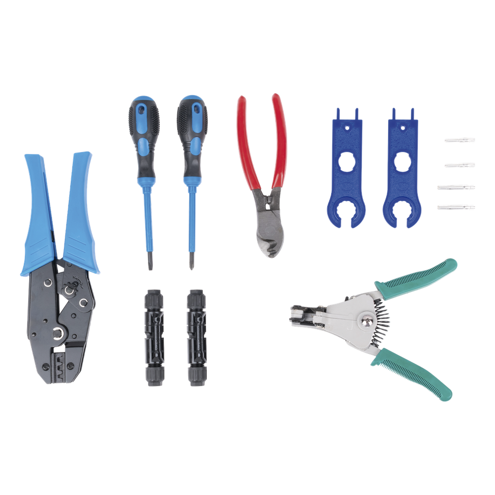 Juego de 10 Herramientas para Instalación de Sistema Solar. Incluye: Pinzas (3 tipos), Desarmadores, Llaves y Estuche. 4