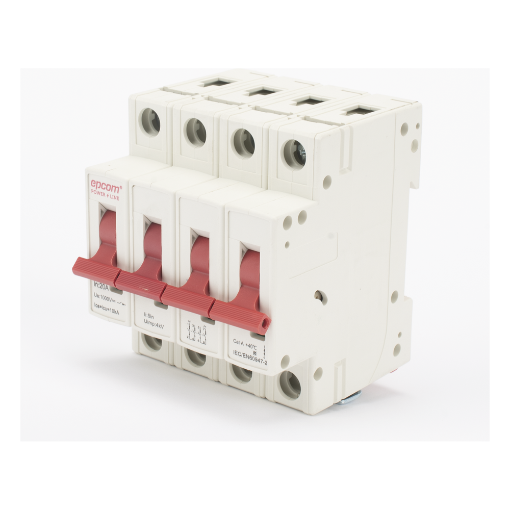 Interruptor termomagnético 4P 20A, Corriente Directa 1000Vcd para Aplicación Fotovoltaica Montaje Riel DIN 2