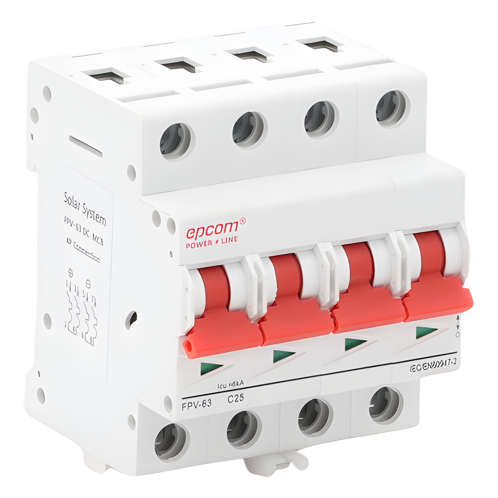 Interruptor termomagnético 4P 25A, Corriente Directa 1000Vcd para Aplicación Fotovoltaica Montaje Riel DIN 3