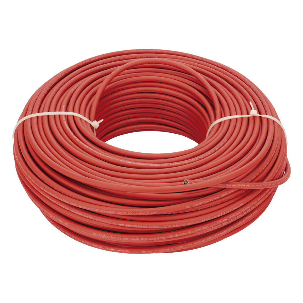 Cable Fotovoltaico Rojo / Cobre Estañado / 6mm² (10AWG) / 2000V / Rollo 100m / UL 4703 y TUV / EPCOM POWERLINE 2