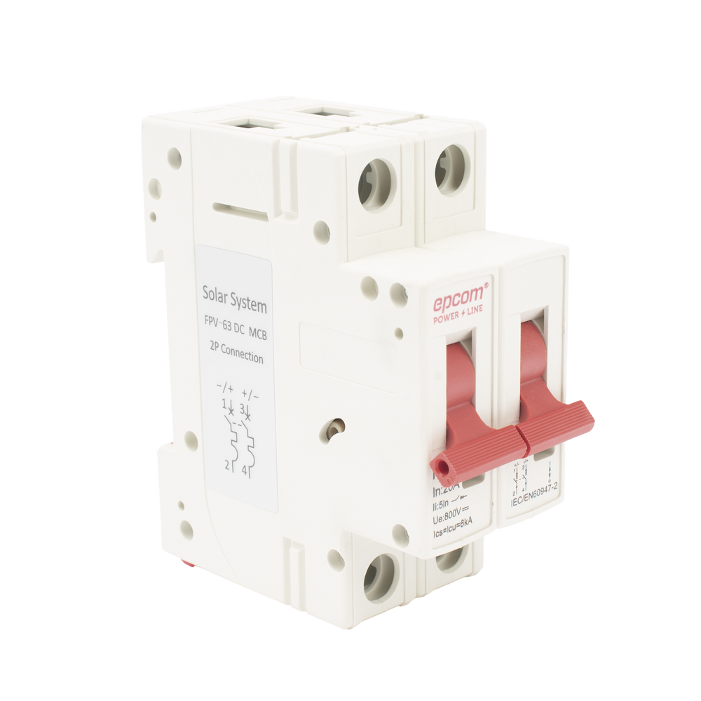 [FPV632PC20] Interruptor termomagnético 2P 20A, Corriente Directa 800Vcd para Aplicación Fotovoltaica Montaje Riel DIN