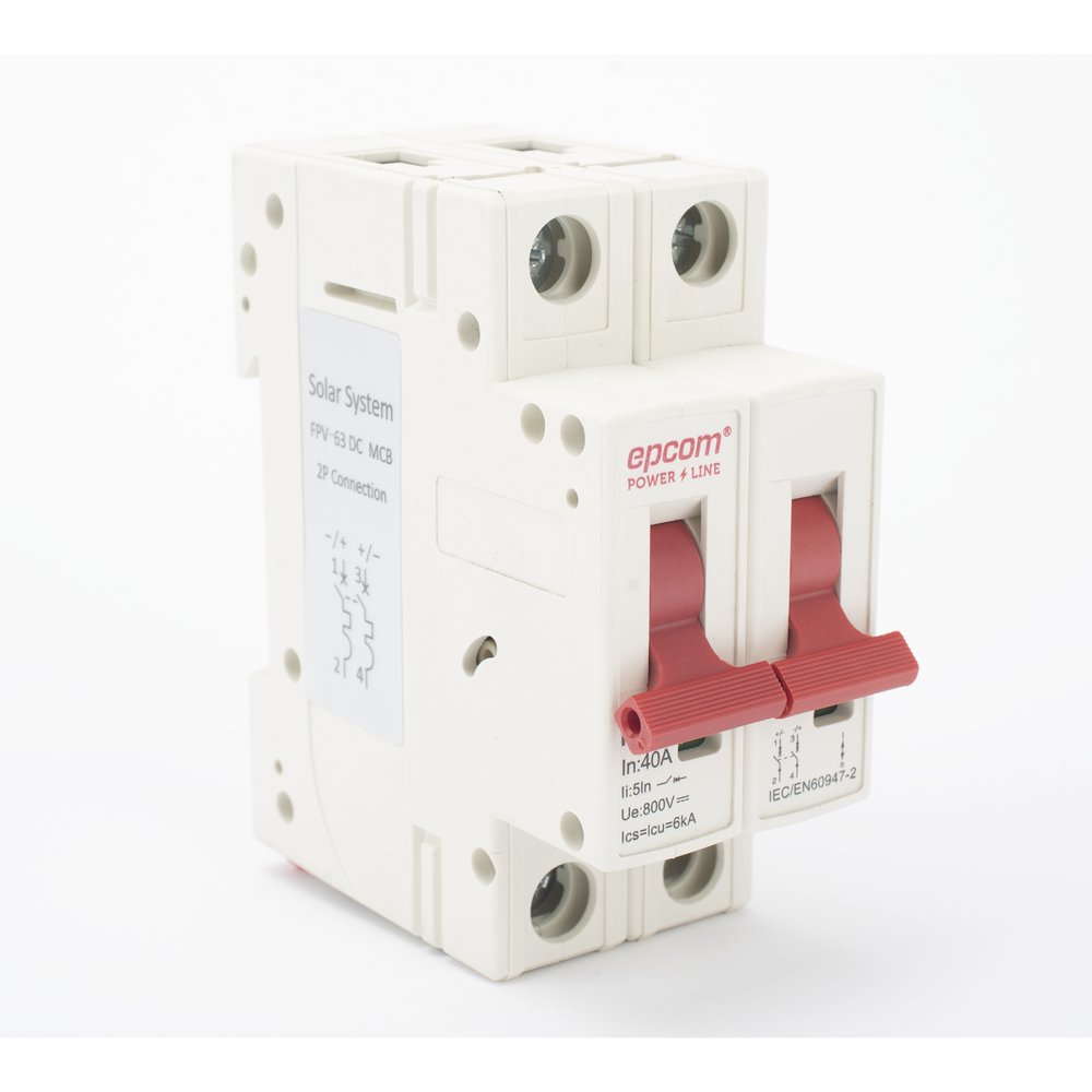 Interruptor termomagnético 2P 40A, Corriente Directa 800Vcd para Aplicación Fotovoltaica Montaje Riel DIN