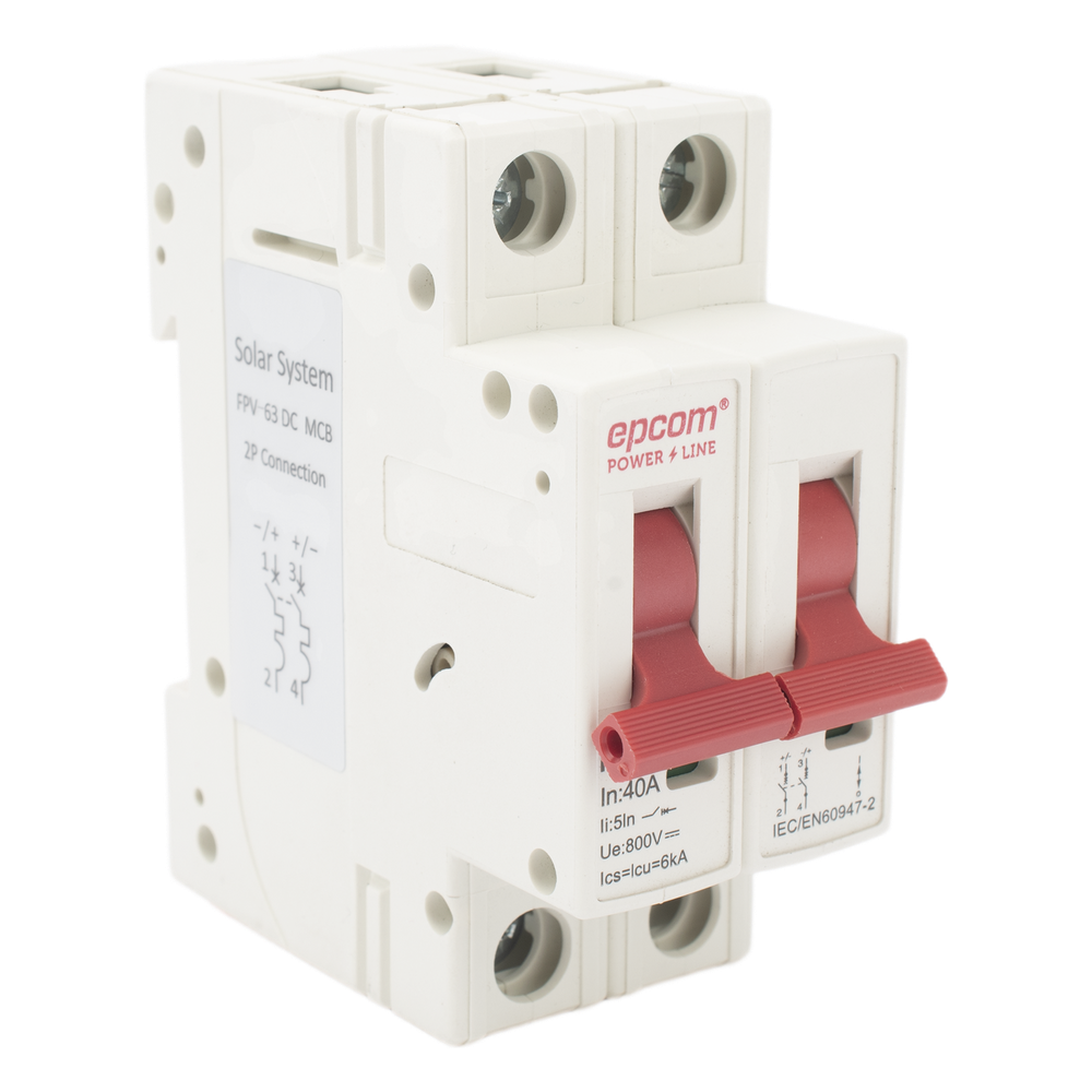 Interruptor termomagnético 2P 40A, Corriente Directa 800Vcd para Aplicación Fotovoltaica Montaje Riel DIN
