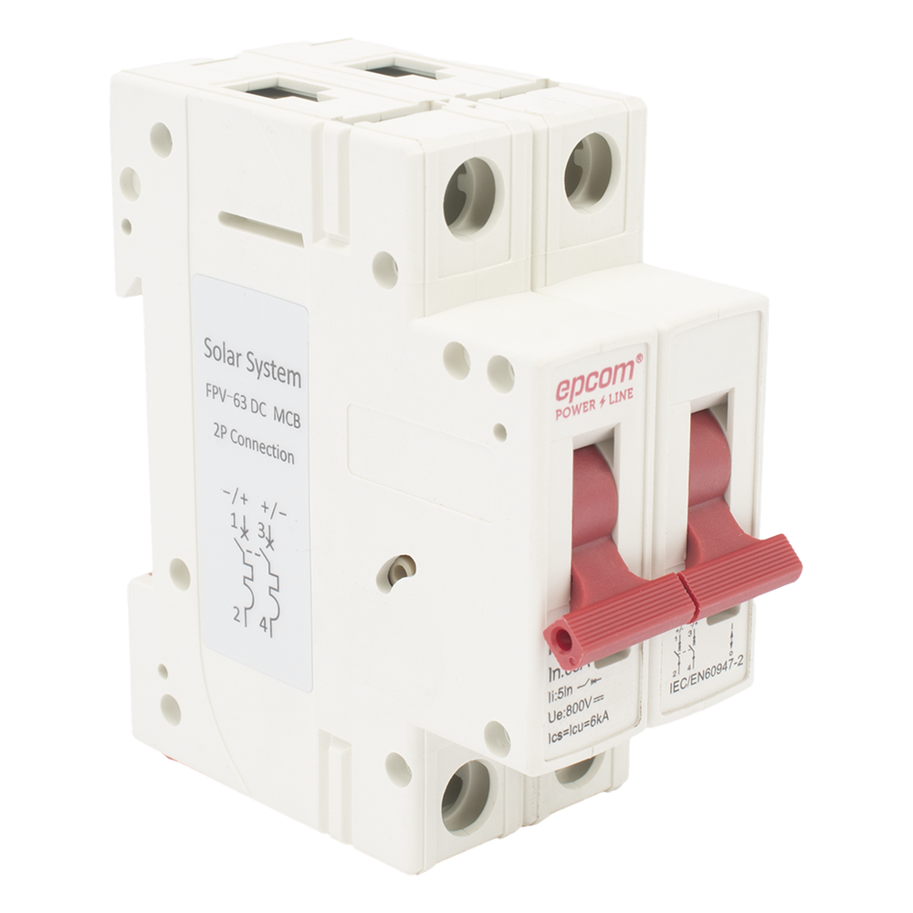 Interruptor termomagnético 2P 63A, Corriente Directa 800Vcd para Aplicación Fotovoltaica Montaje Riel DIN