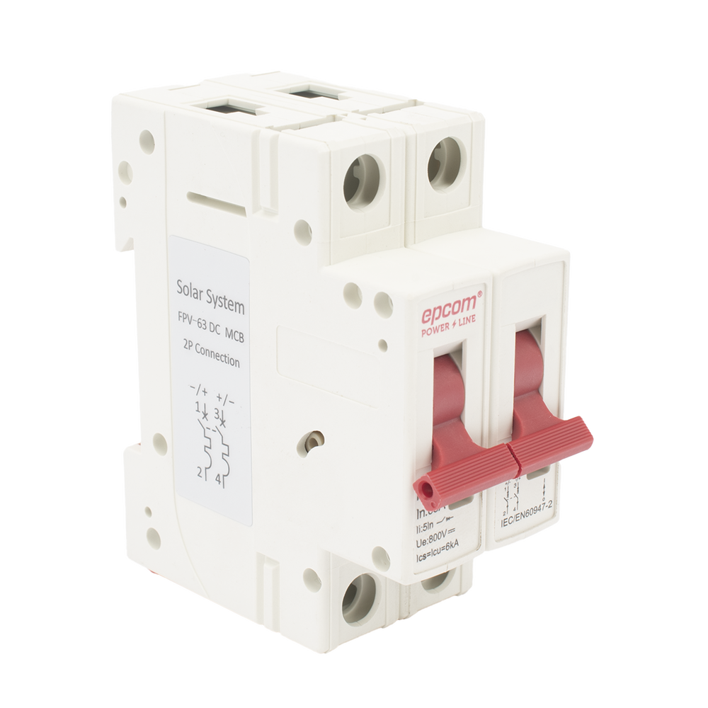 Interruptor termomagnético 2P 63A, Corriente Directa 800Vcd para Aplicación Fotovoltaica Montaje Riel DIN